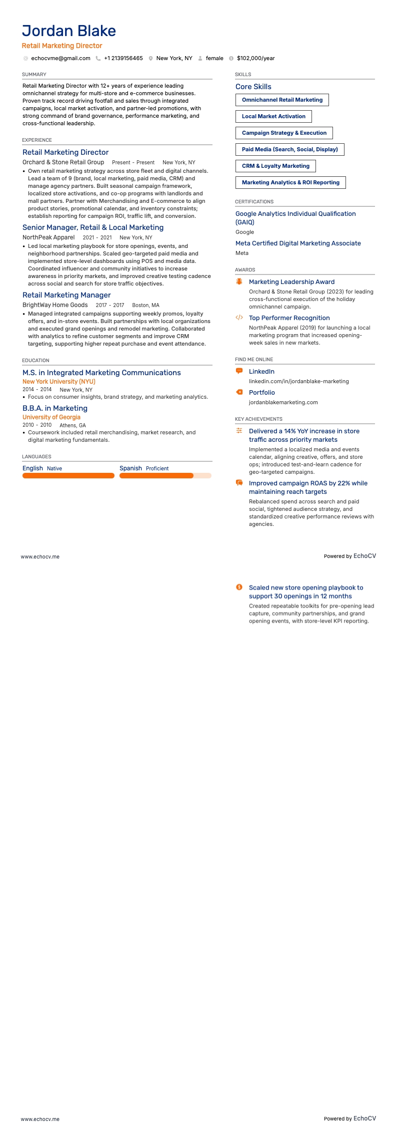 Diretor de marketing de varejo example resume