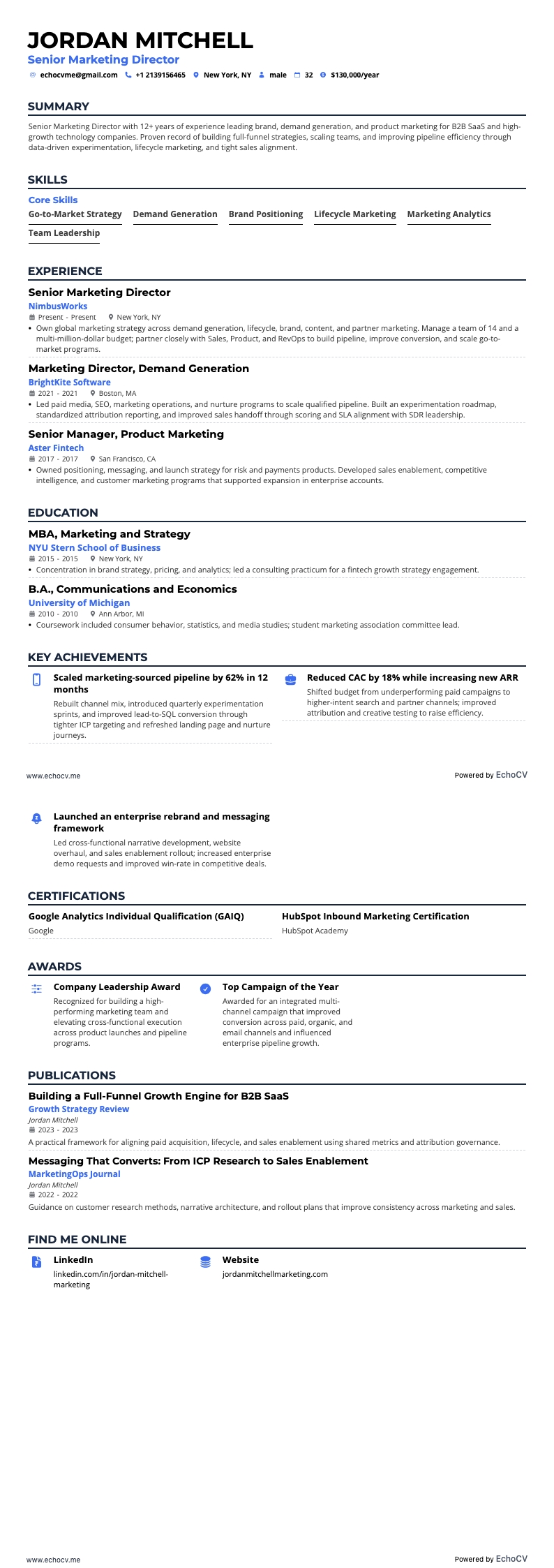 Diretor sénior de Marketing example resume