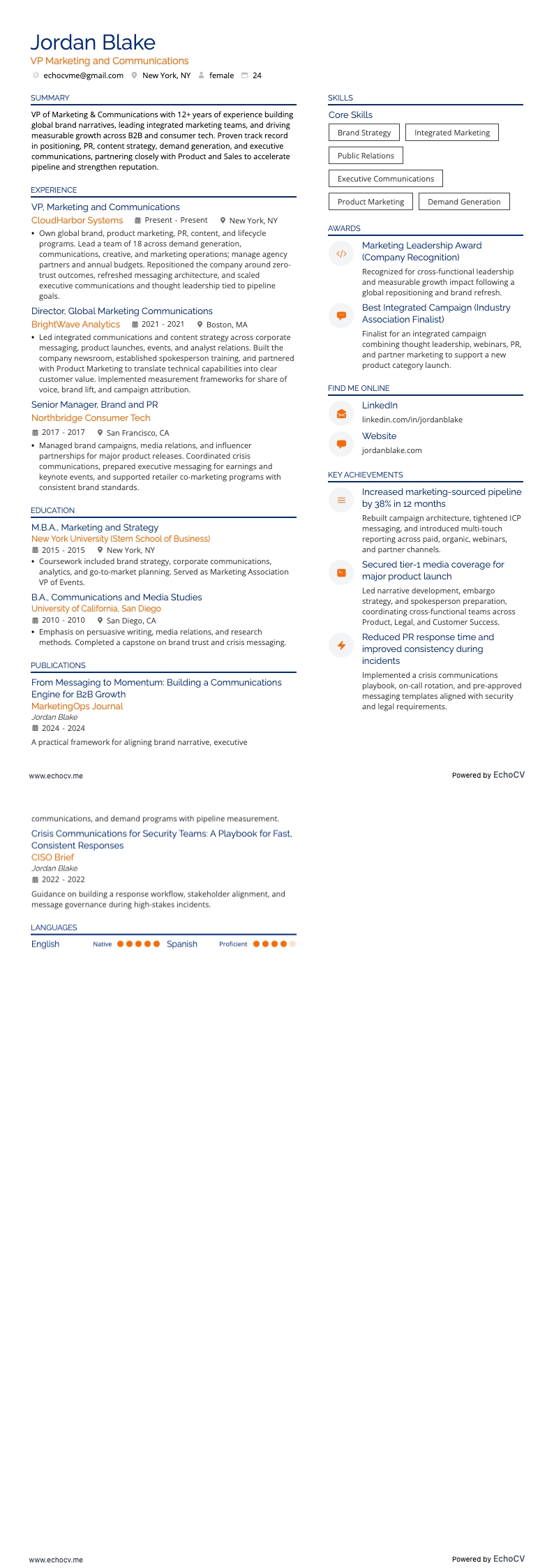 마케팅 및 커뮤니케이션 부문 VP example resume