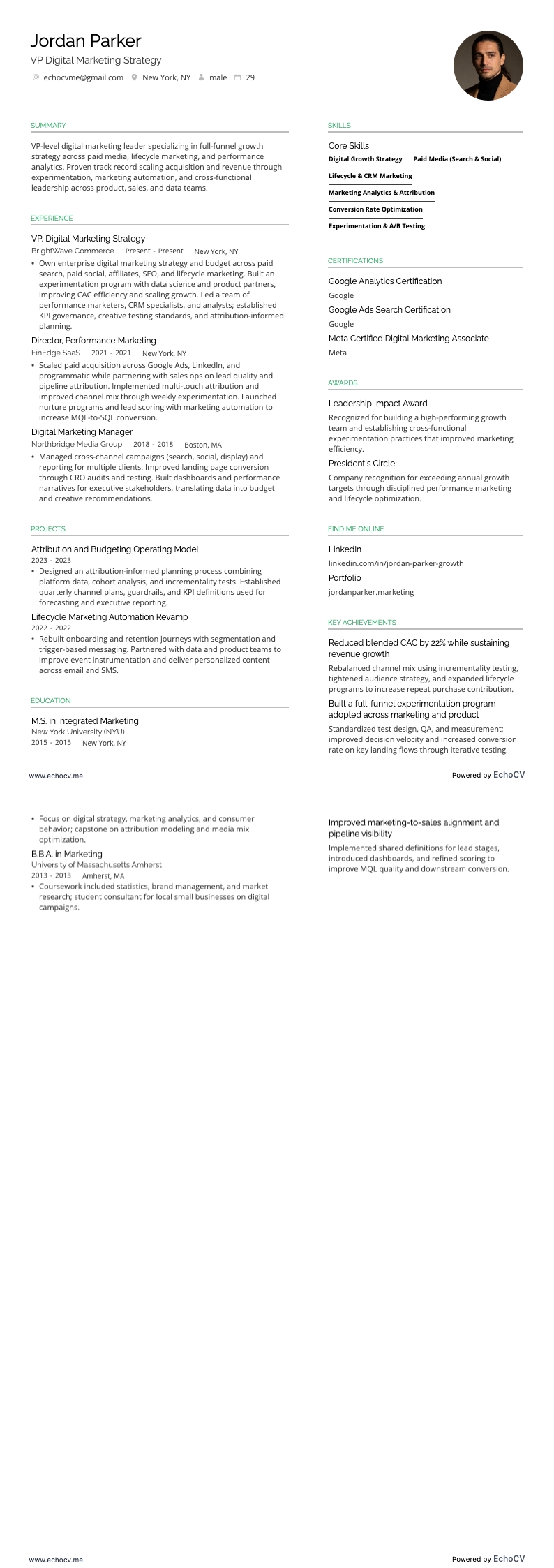 VP Digital Marketing Strategy example resume