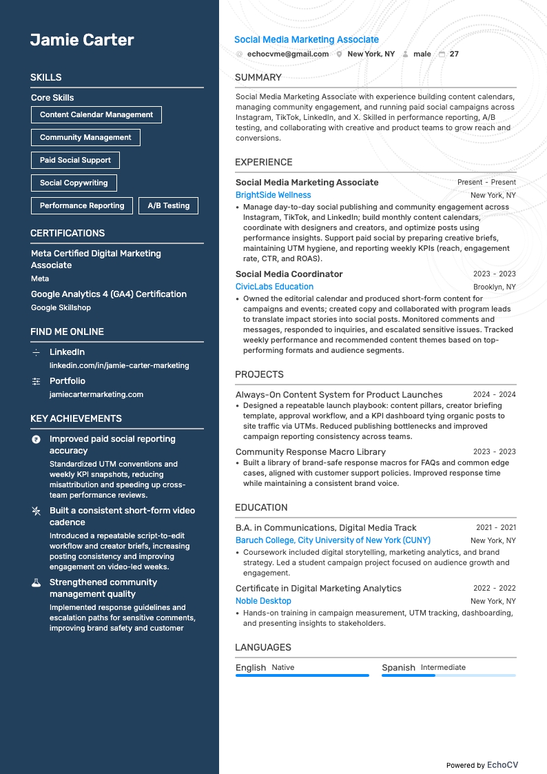 Social Media Marketing Associate example resume