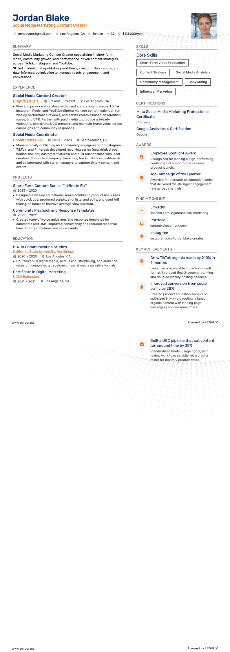 Social Media Marketing Content Creator example resume