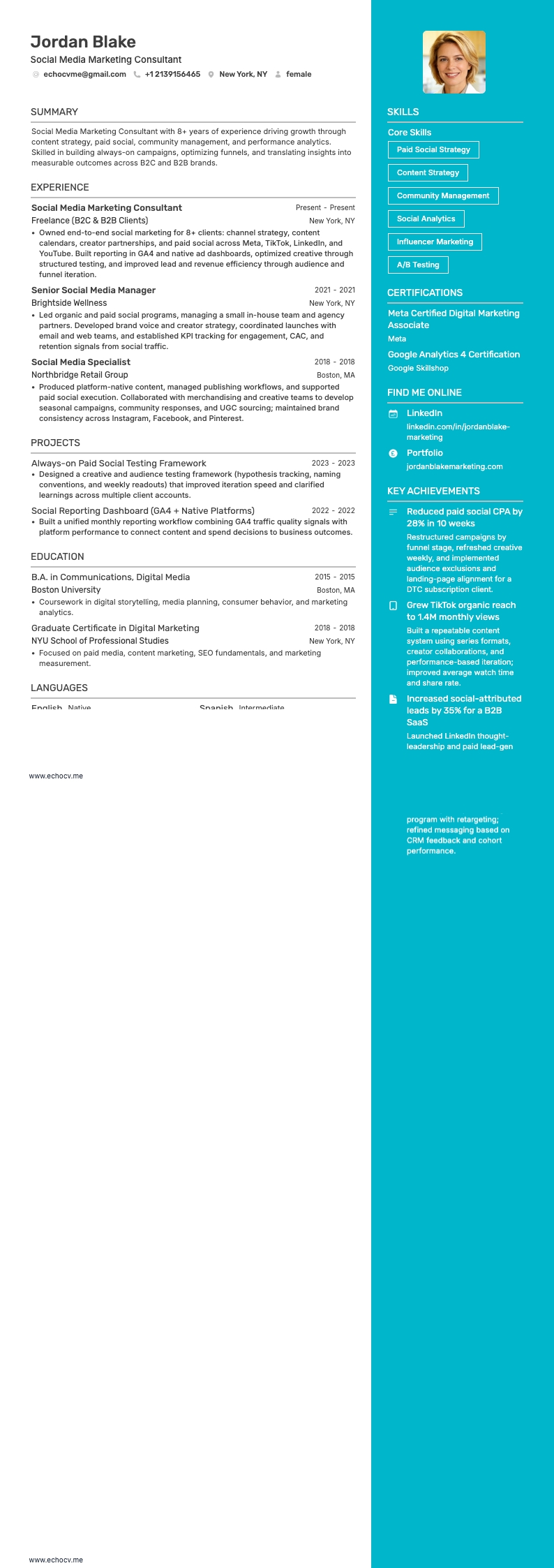 Social Media Marketing Consultant example resume