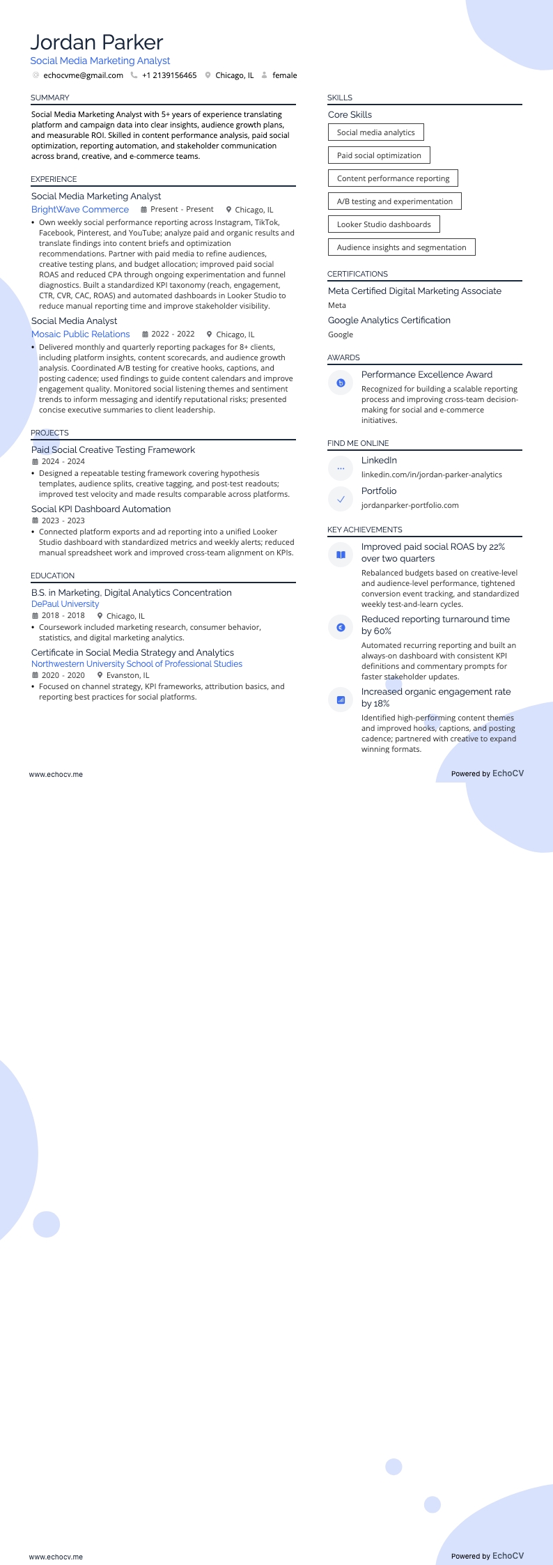 Social Media Marketing Analyst example resume