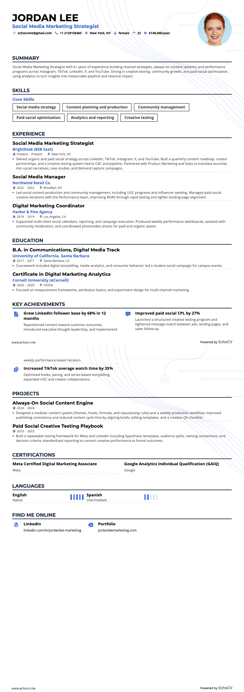 Social Media Marketing Strategist example resume