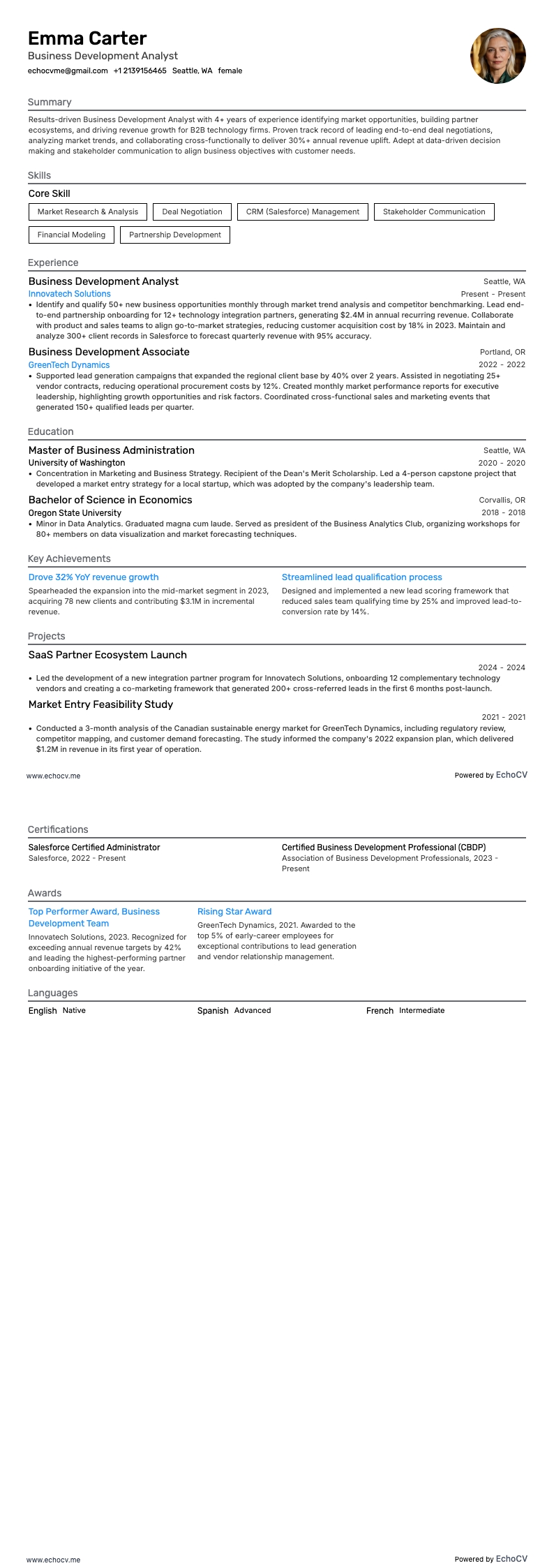 Business Development Analyst example resume