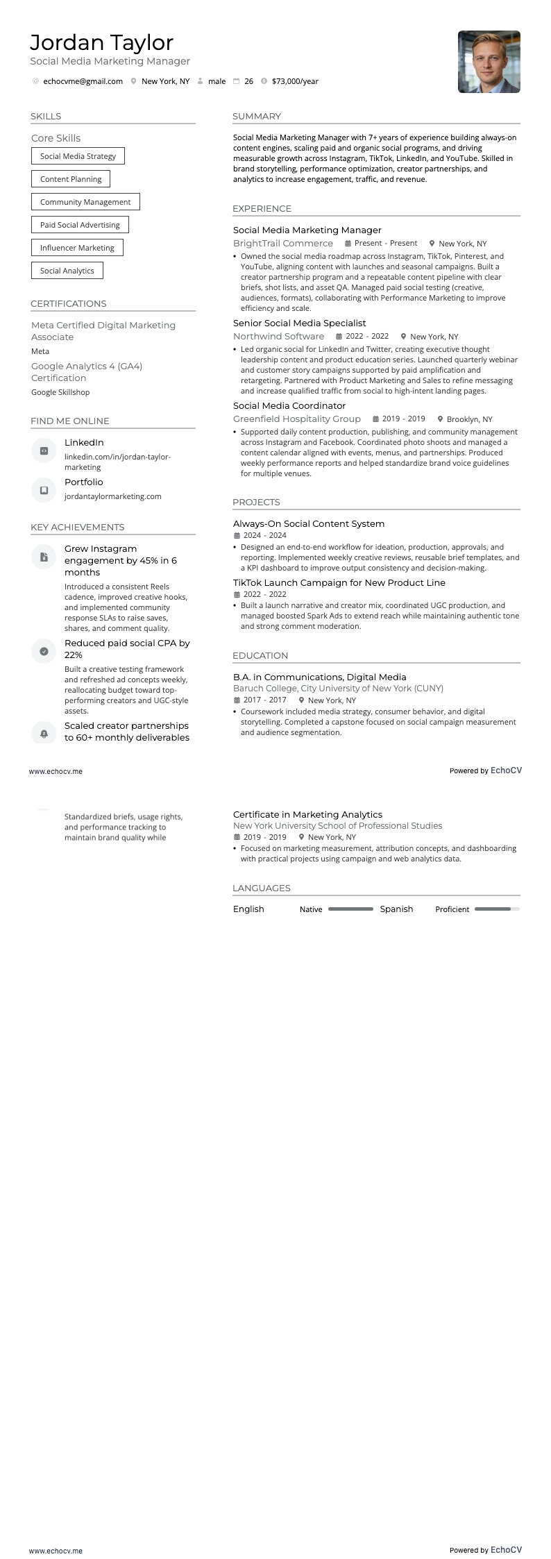 Social Media Marketing Manager example resume