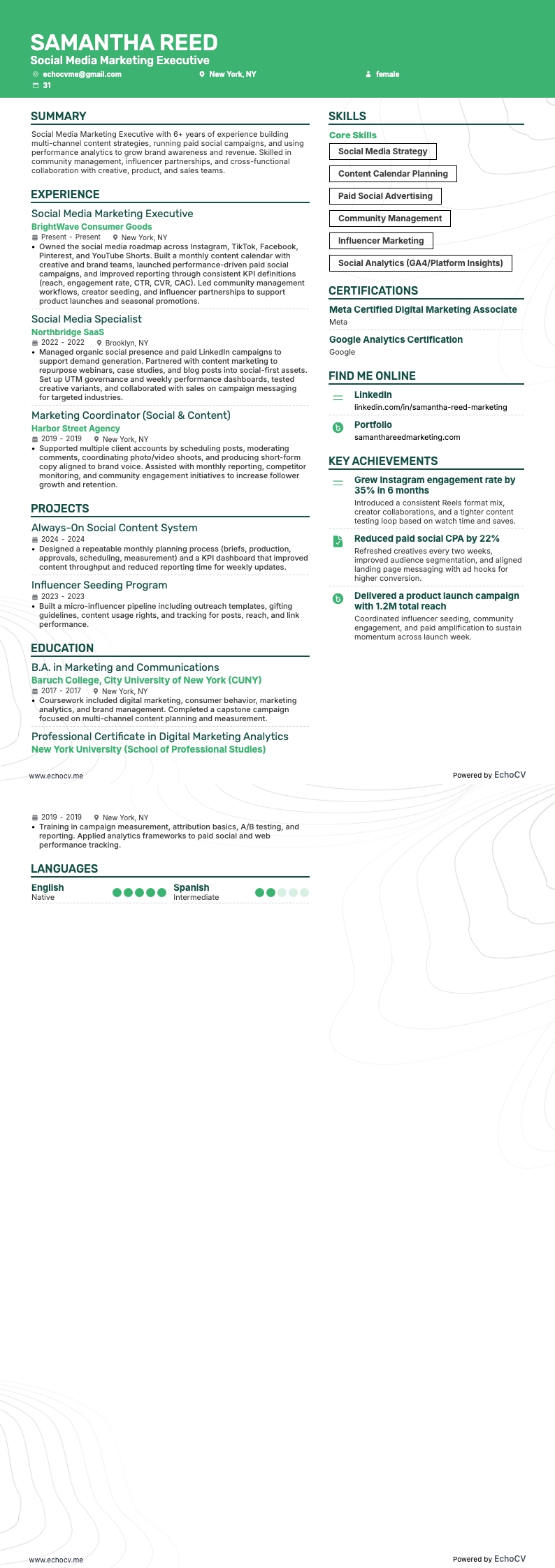 Social Media Marketing Executive example resume