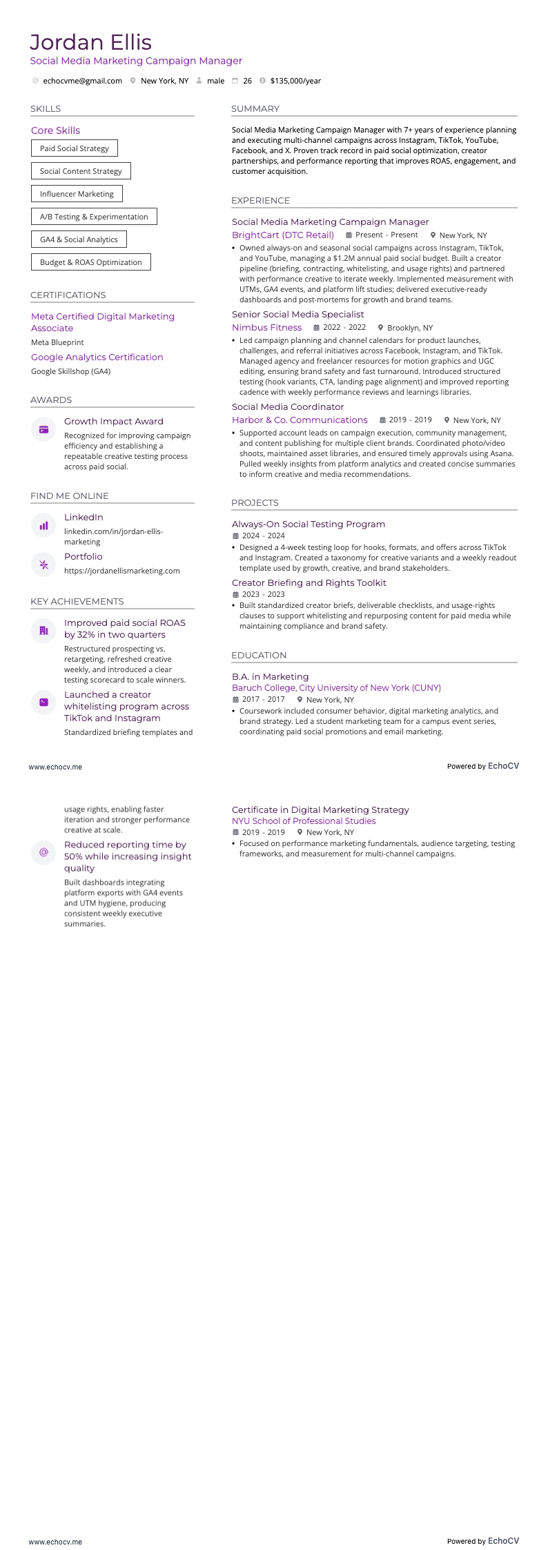 Social Media Marketing Campaign Manager example resume