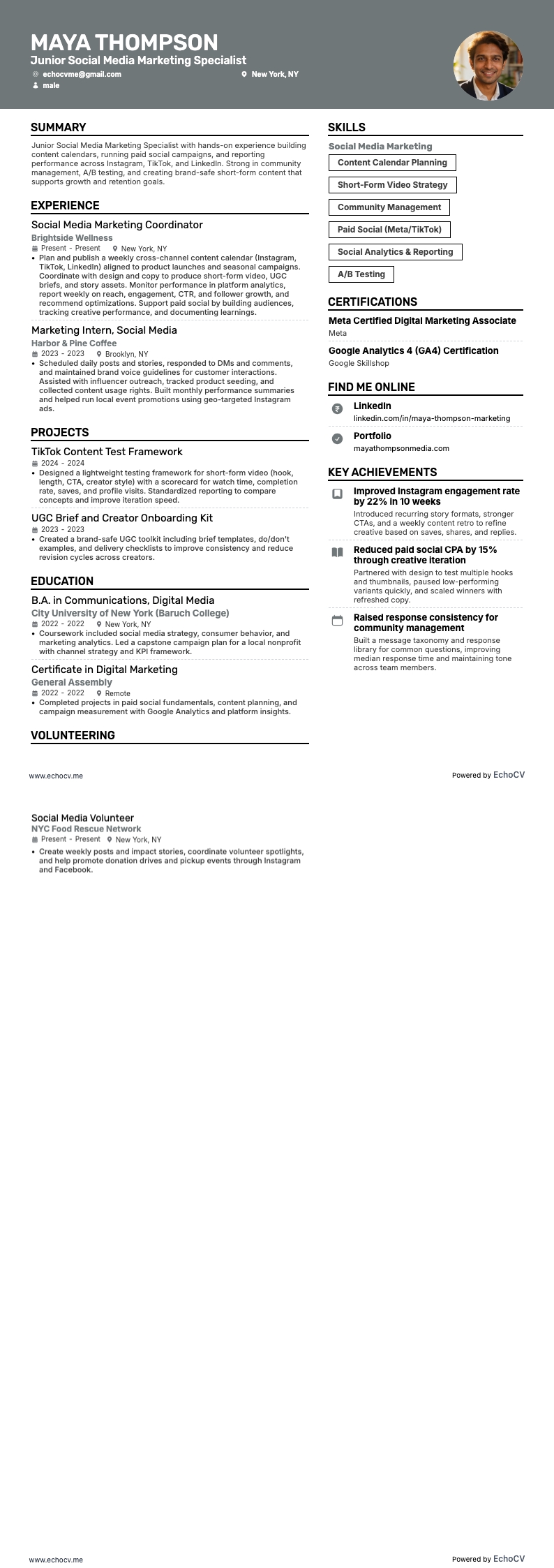 Junior Social Media Marketing Specialist example resume