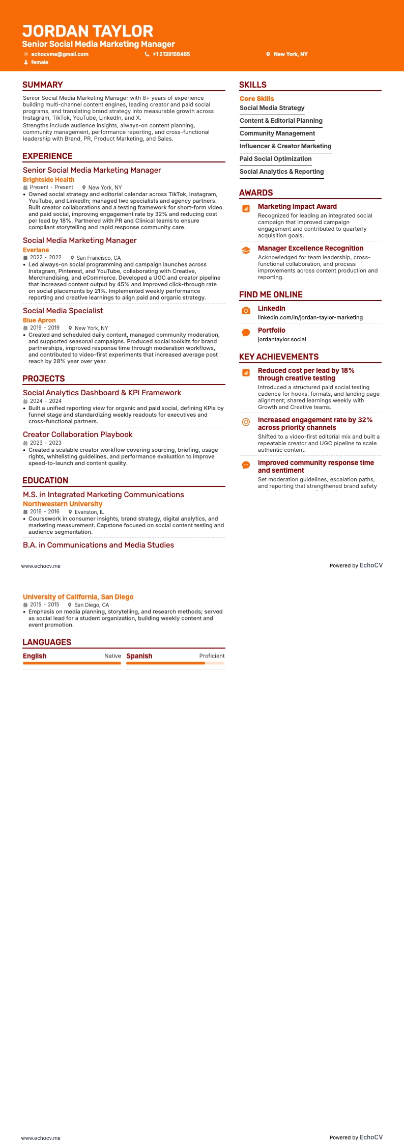 Senior Social Media Marketing Manager example resume