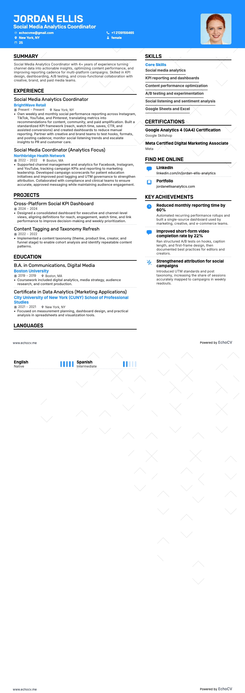 Social Media Analytics Coordinator example resume