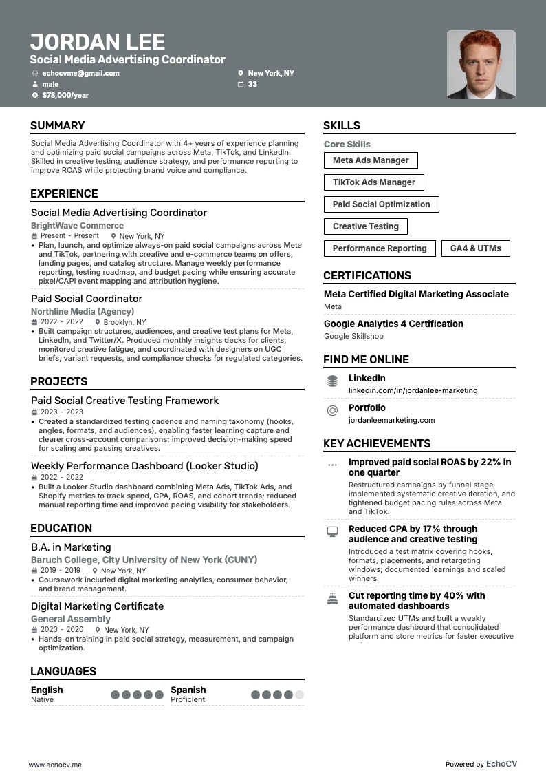Social Media Advertising Coordinator example resume