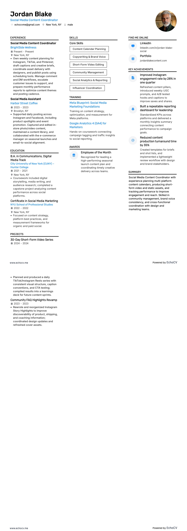 Social Media Content Coordinator example resume