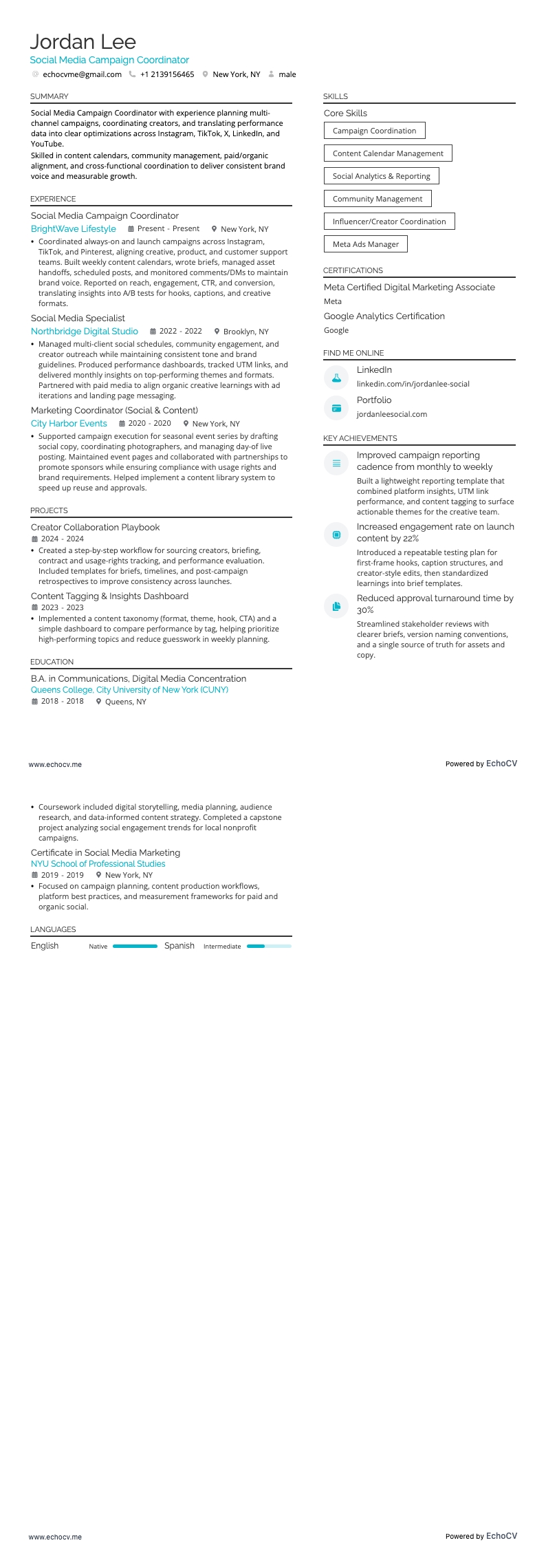 Social Media Campaign Coordinator example resume