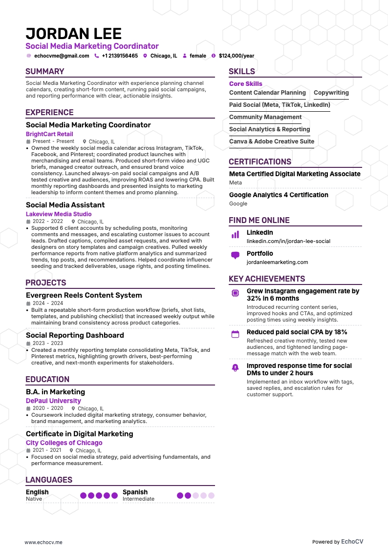 Social Media Marketing Coordinator example resume
