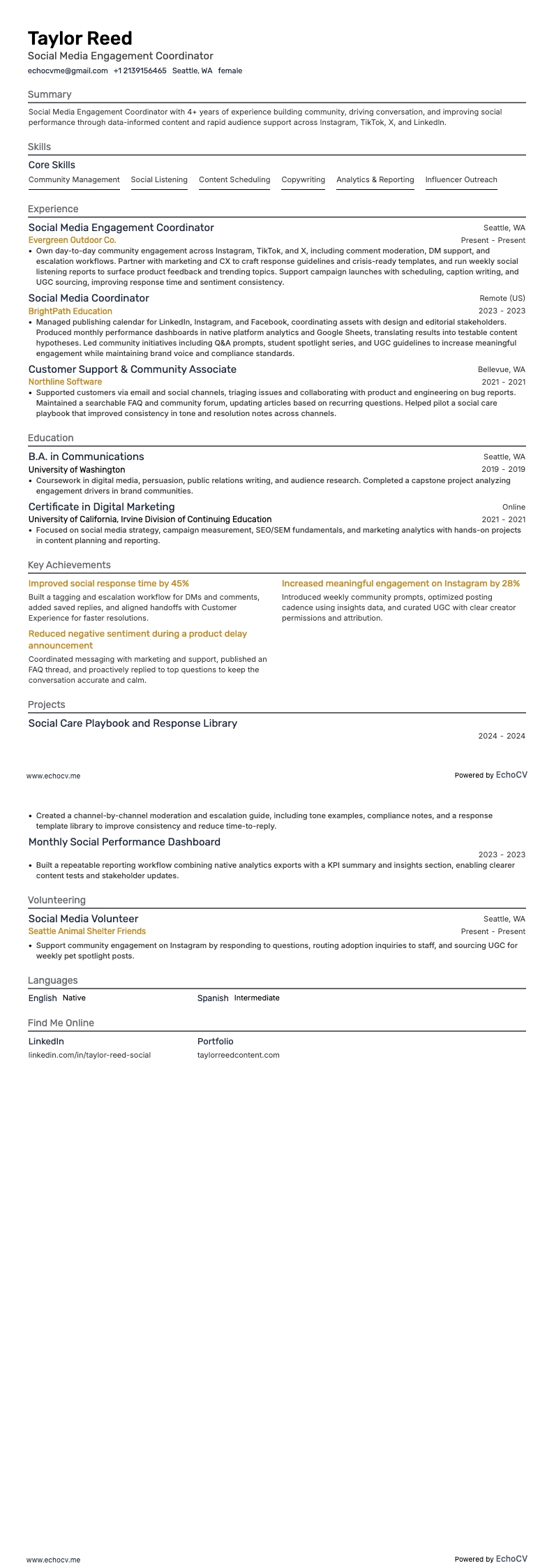 Social Media Engagement Coordinator example resume