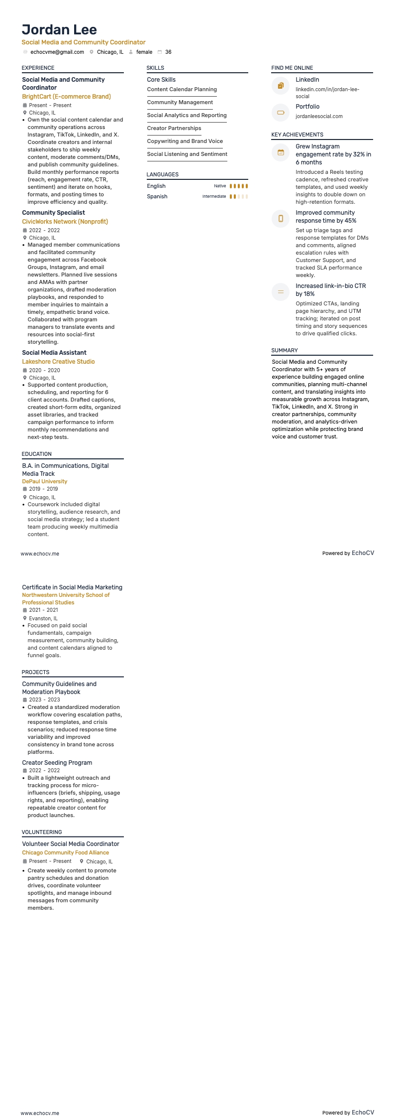 Social Media and Community Coordinator example resume