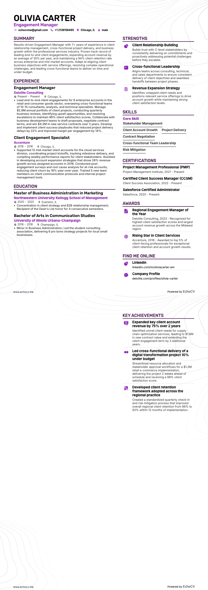 Engagement Manager example resume