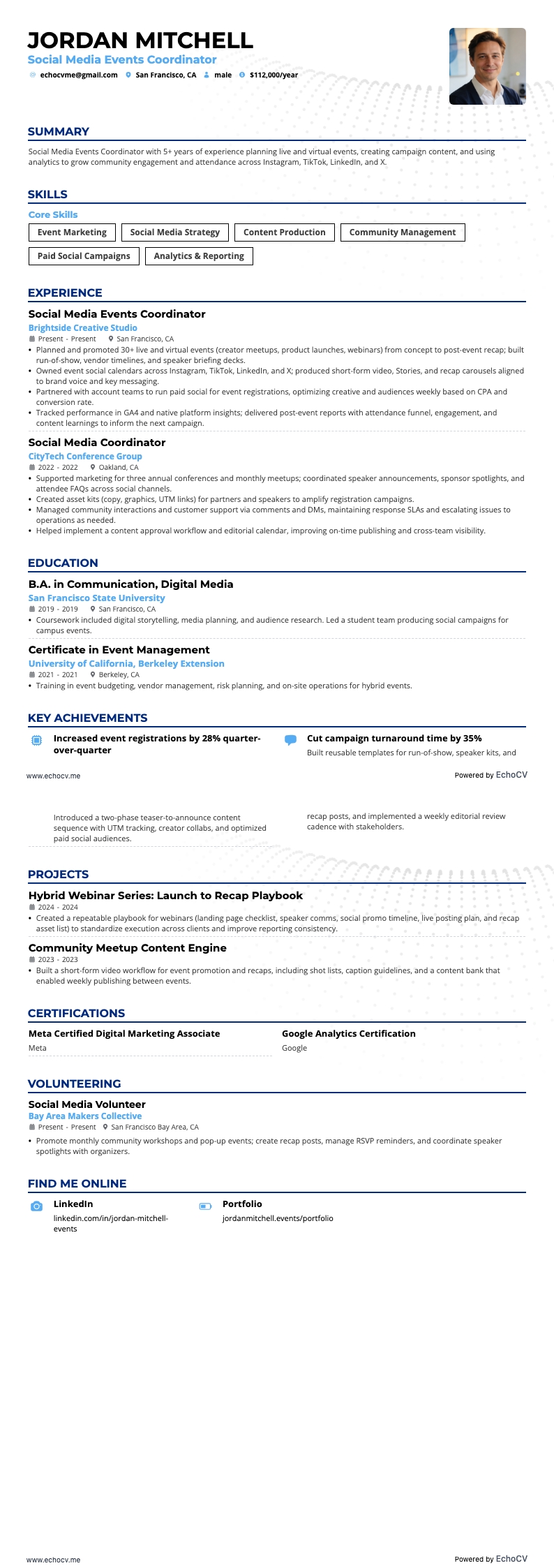 Social Media Events Coordinator example resume