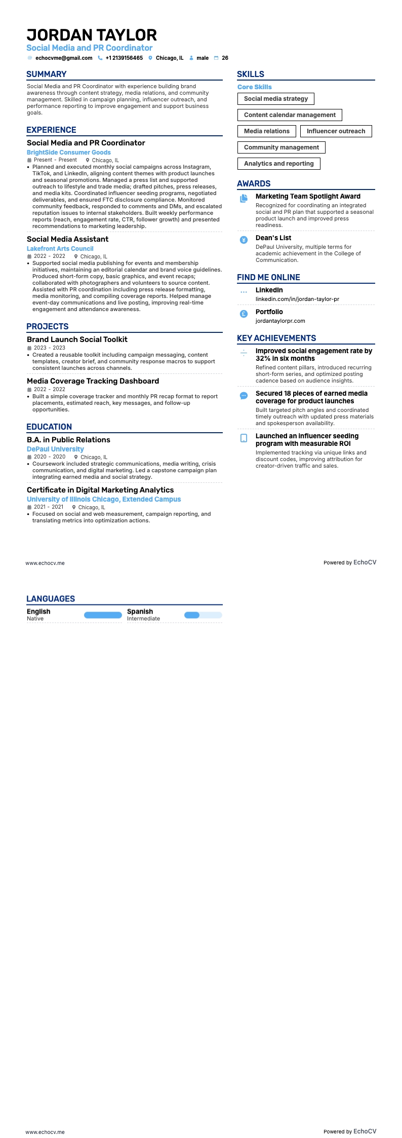 Social Media and PR Coordinator example resume