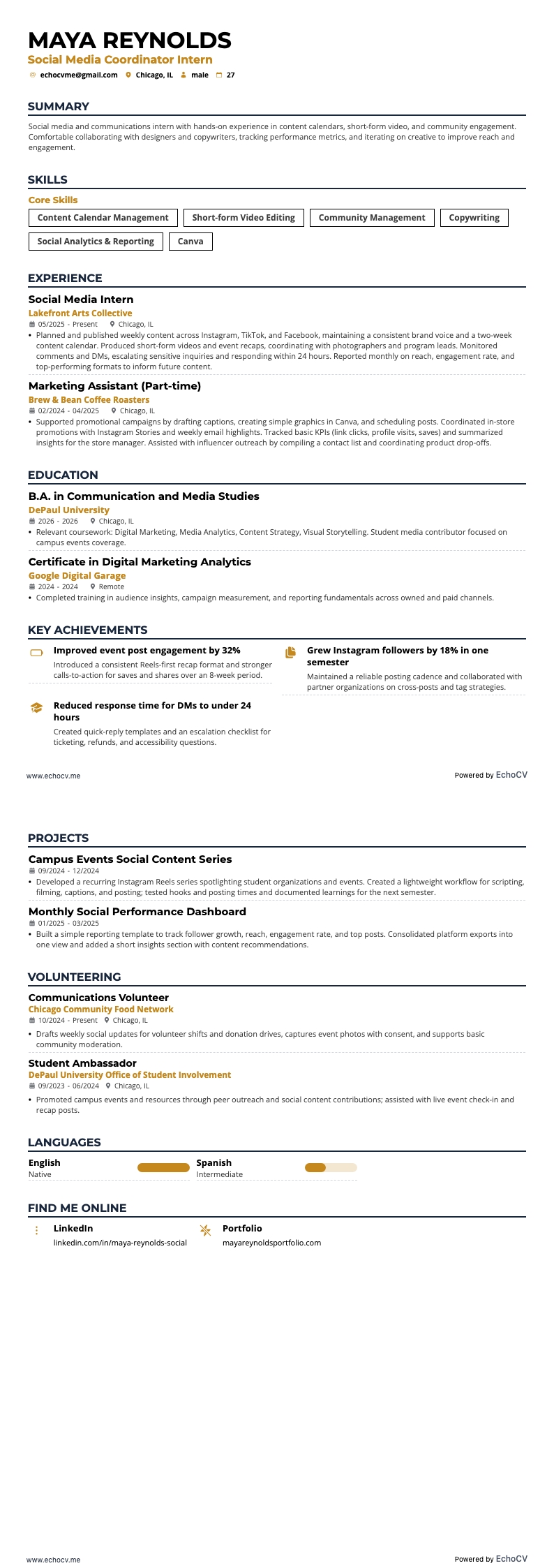 Social Media Coordinator Intern example resume