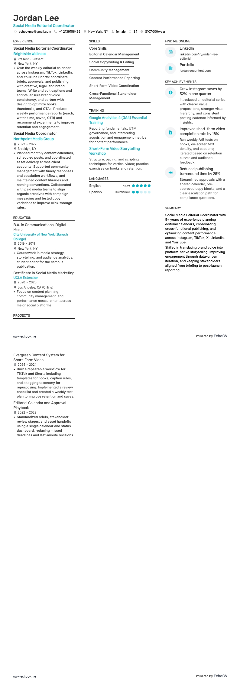 Social Media Editorial Coordinator example resume