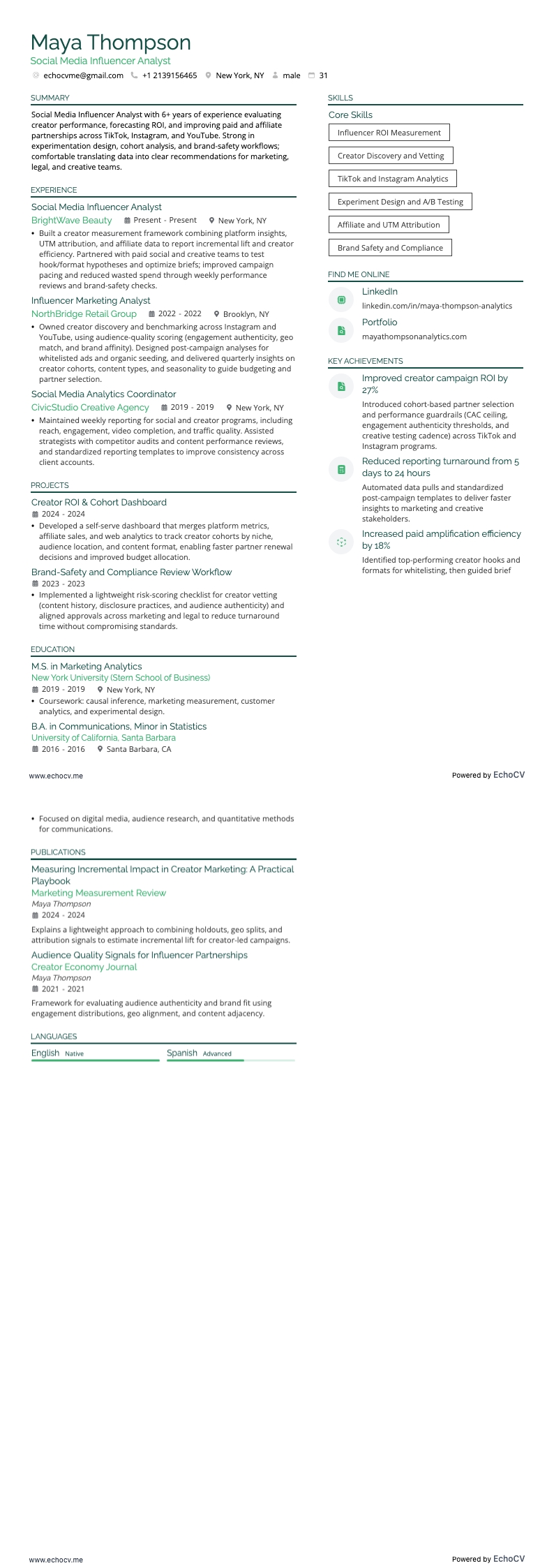 ソーシャルメディアインフルエンサーアナリスト example resume