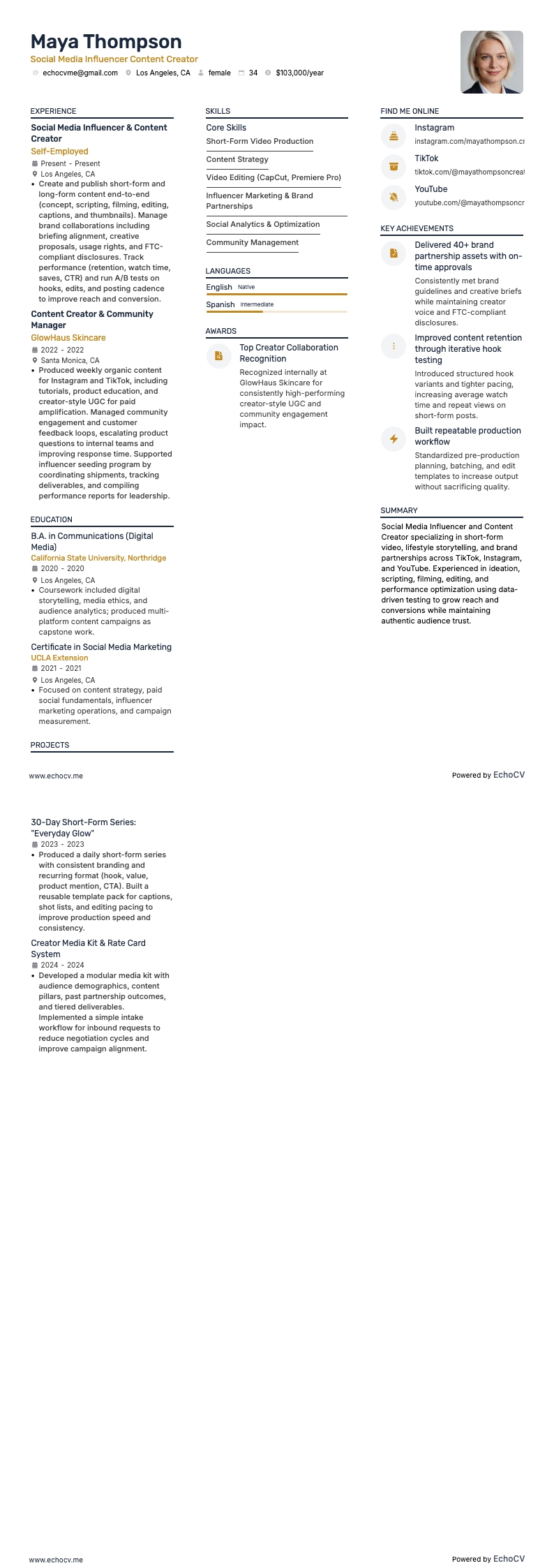 SNSインフルエンサー・コンテンツクリエイター example resume