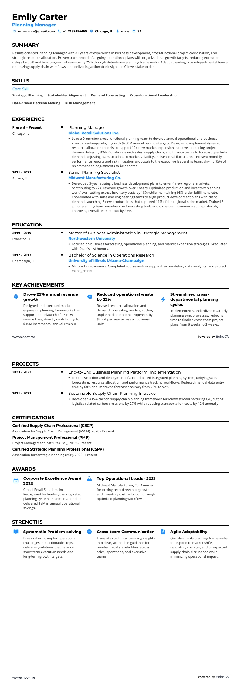 Planning Manager example resume