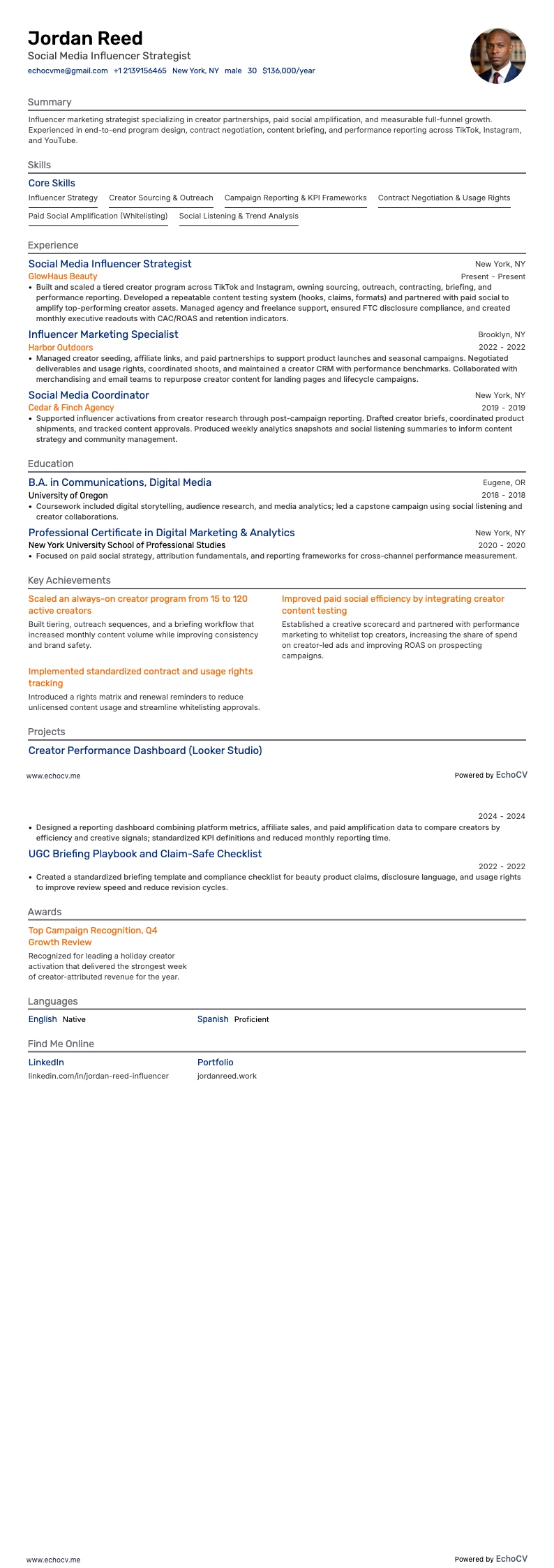 ソーシャルメディアインフルエンサー戦略担当 example resume