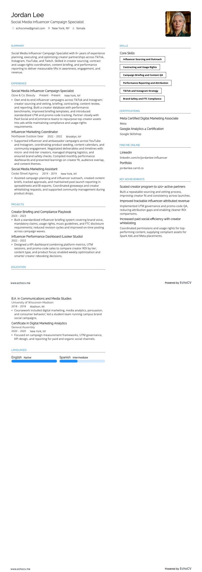 ソーシャルメディア・インフルエンサーキャンペーンスペシャリスト example resume