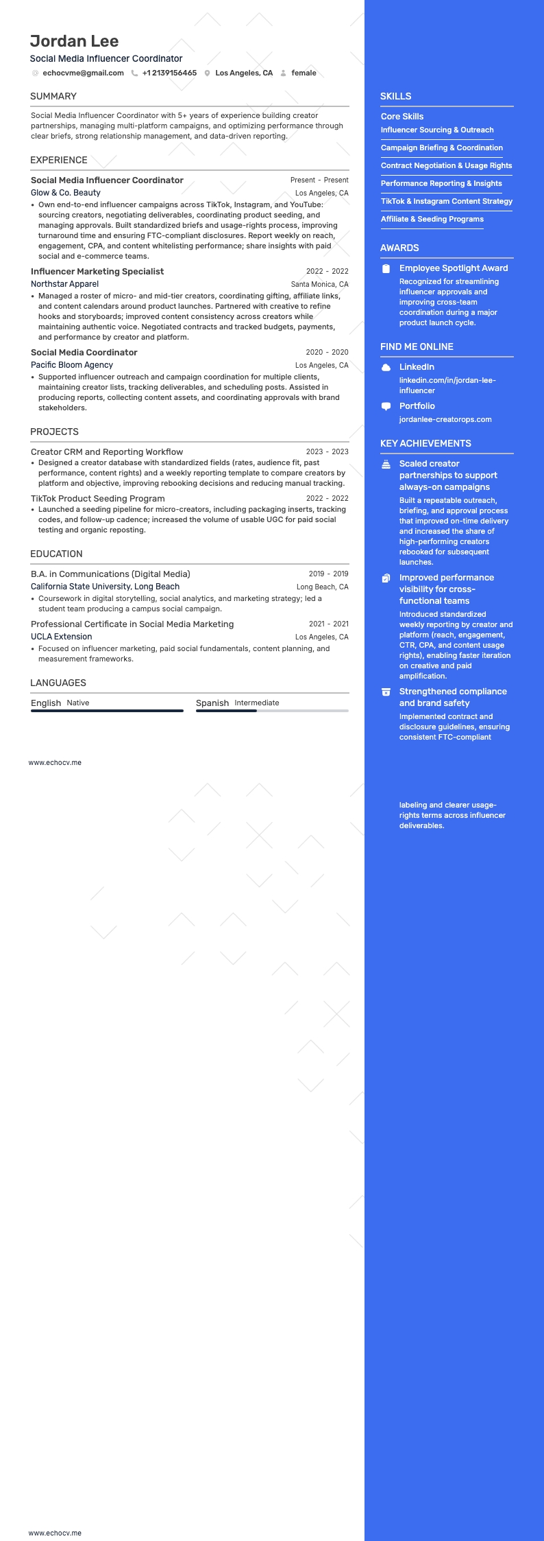 ソーシャルメディアインフルエンサーコーディネーター example resume