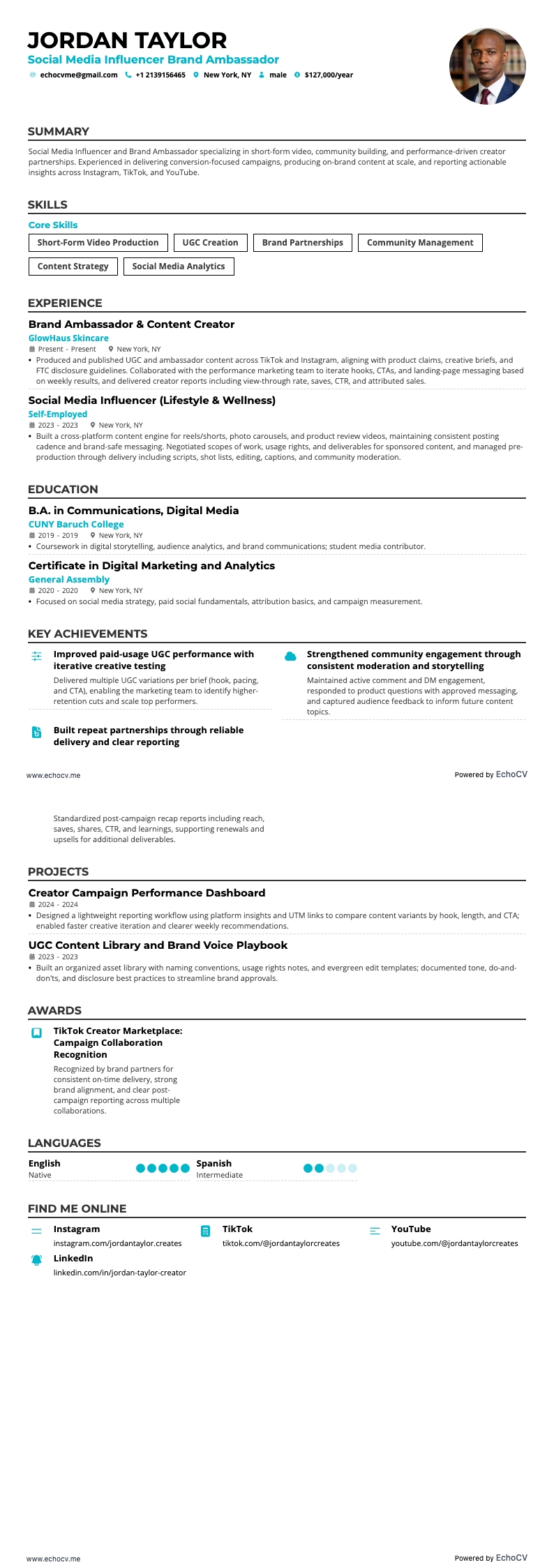 ソーシャルメディアインフルエンサー ブランドアンバサダー example resume