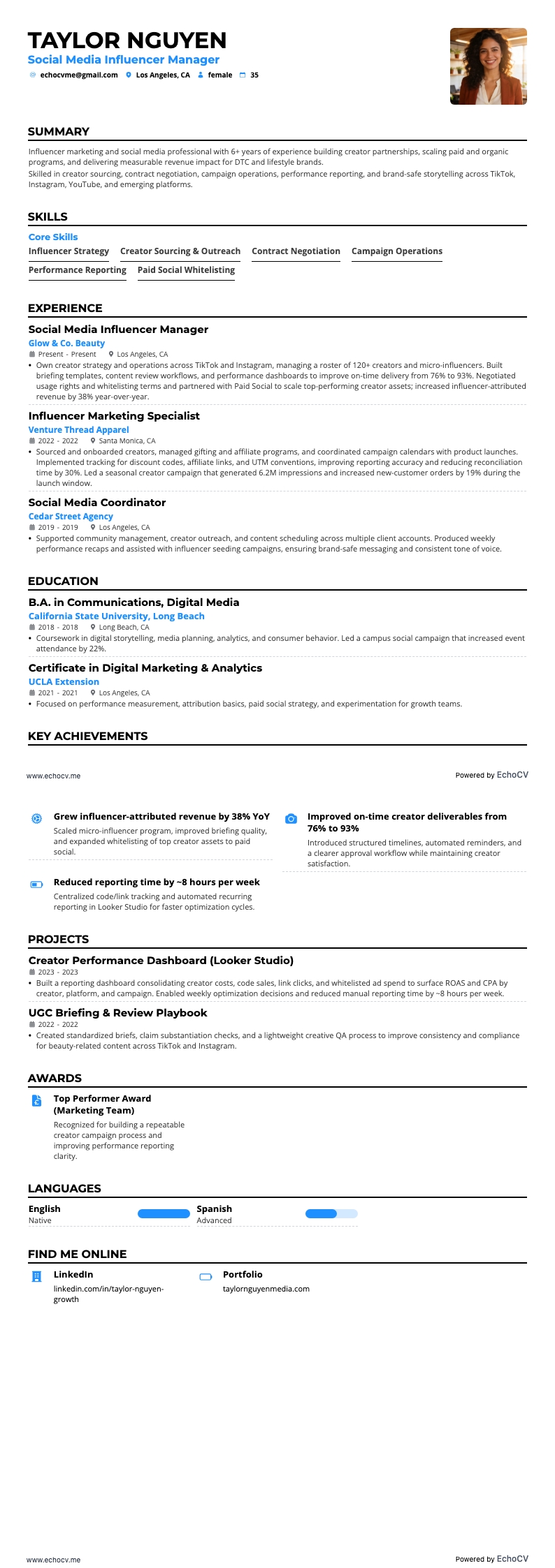 ソーシャルメディアインフルエンサーマネージャー example resume