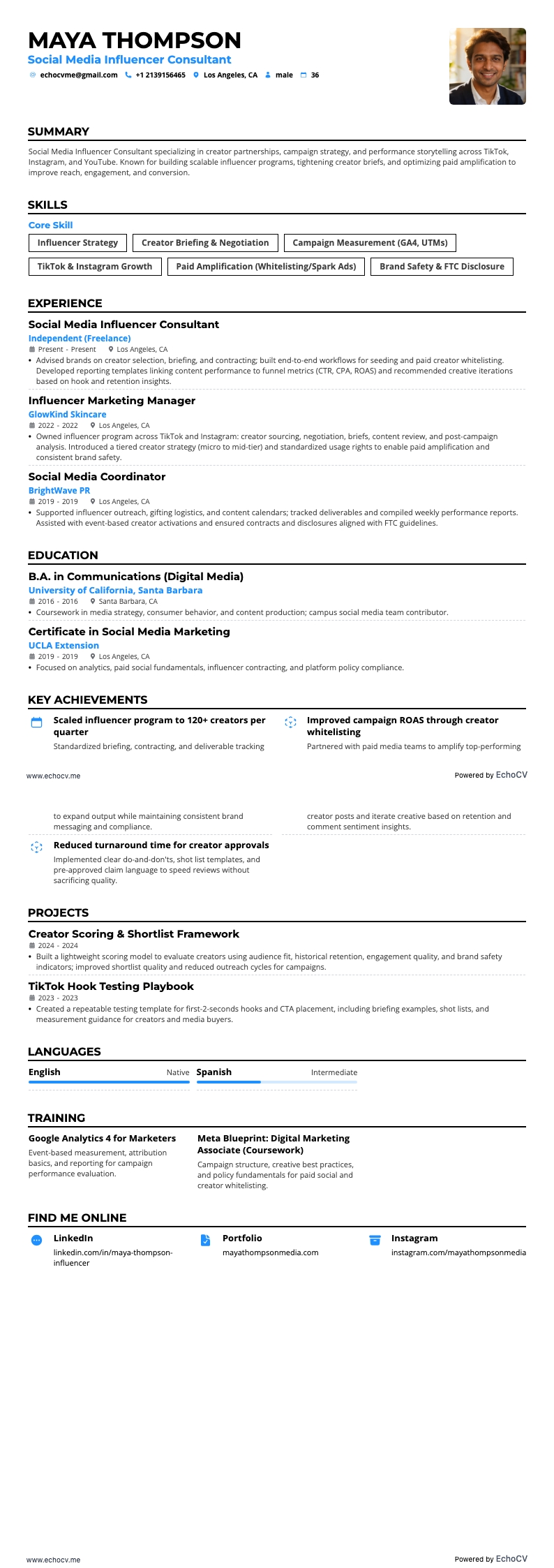 ソーシャルメディアインフルエンサーコンサルタント example resume