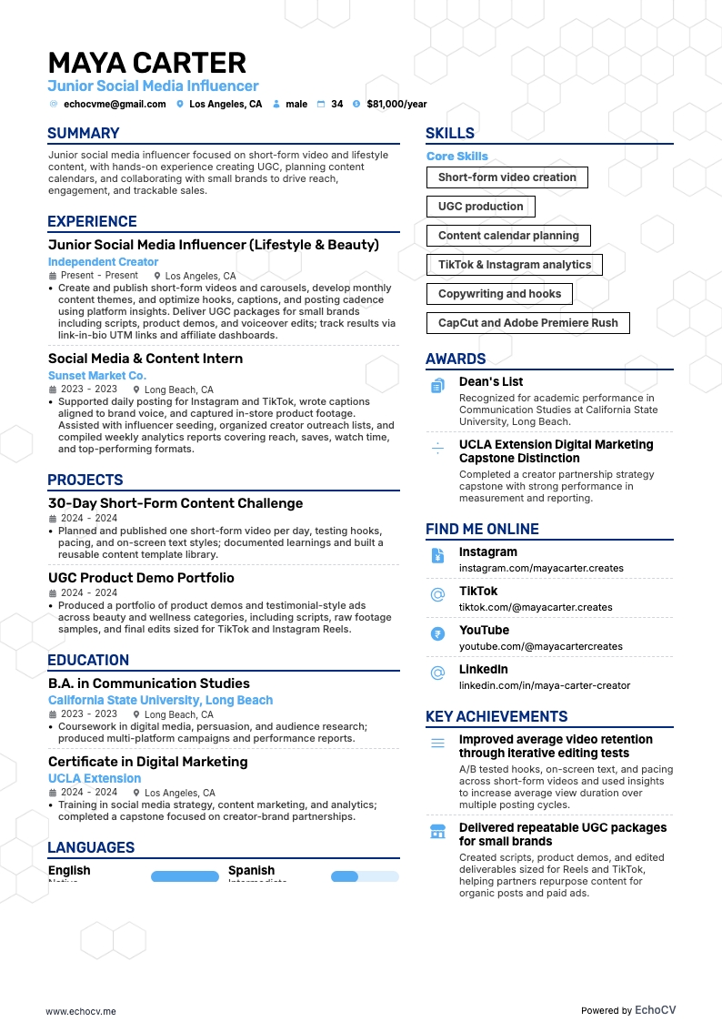 ソーシャルメディアインフルエンサー resume example