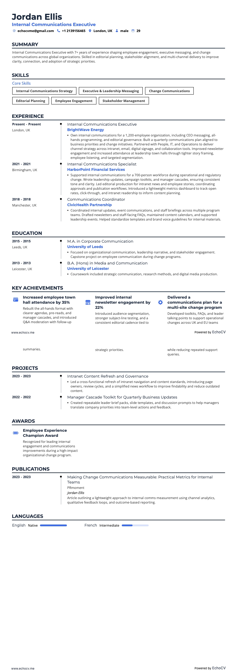 Internal Communications Executive example resume
