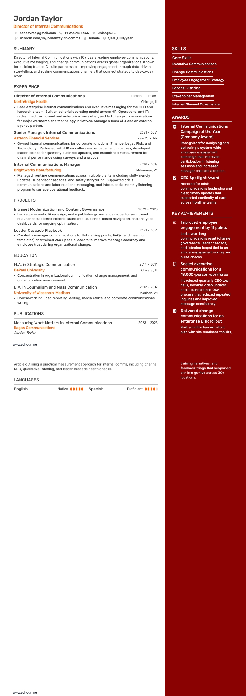 Director of Internal Communications example resume