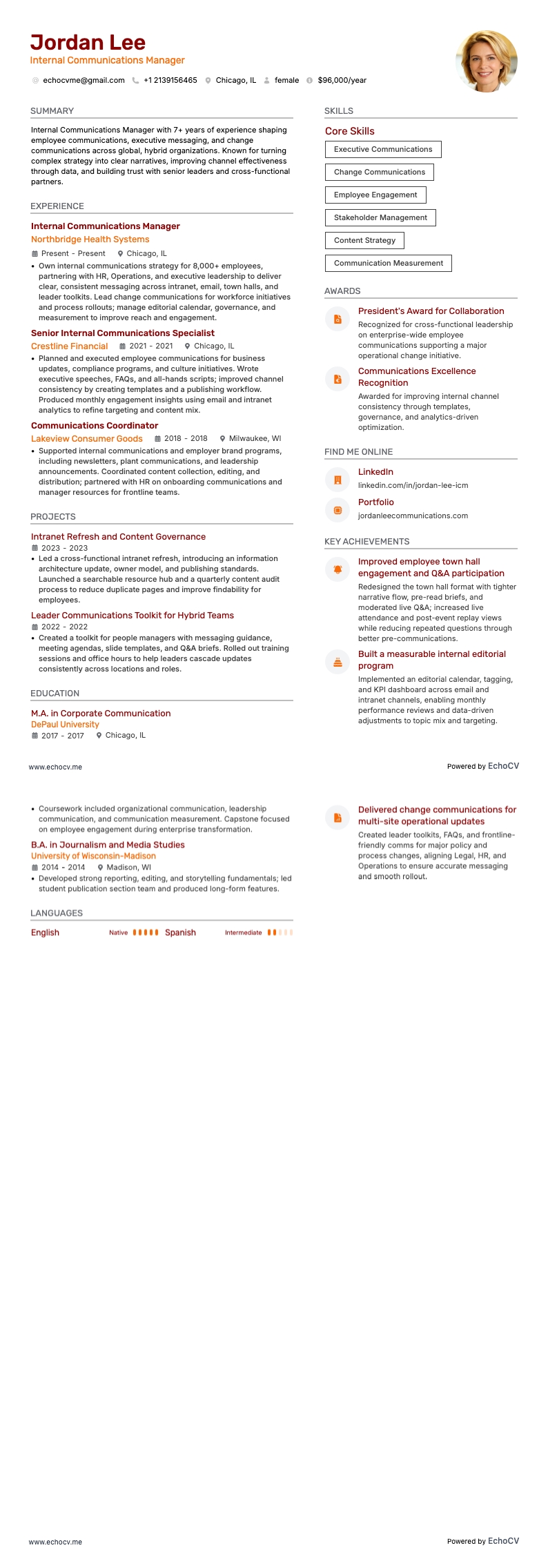Internal Communications Manager example resume