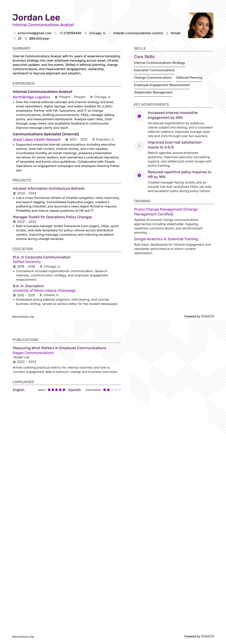 Internal Communications Analyst example resume