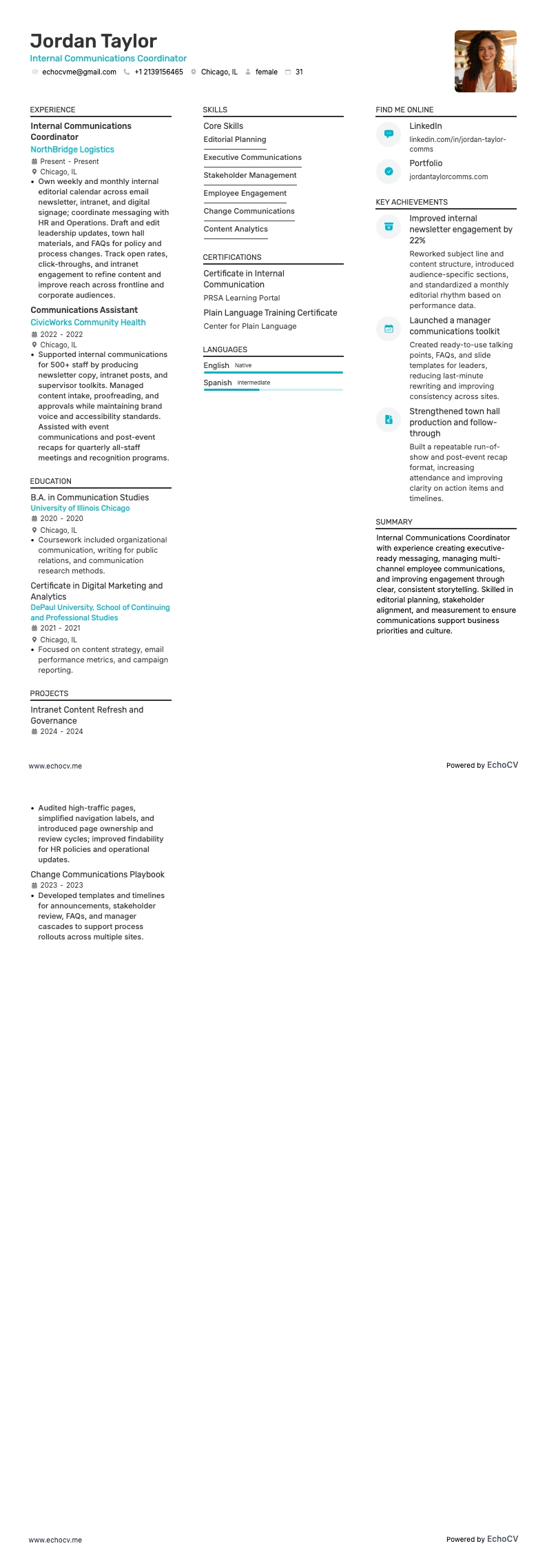 Internal Communications Coordinator example resume