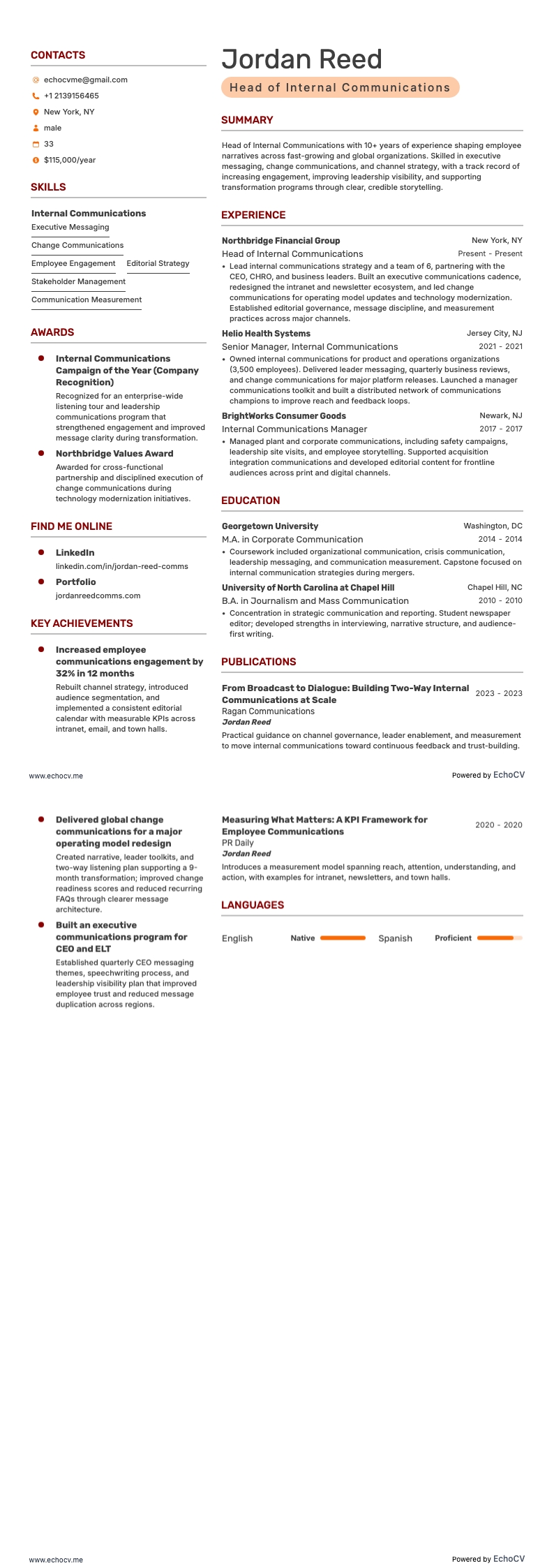 Head of Internal Communications example resume