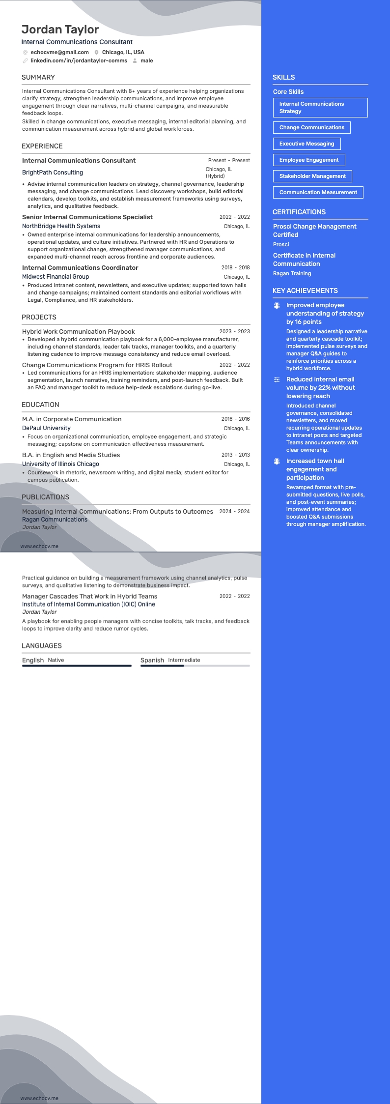 Internal Communications Consultant example resume