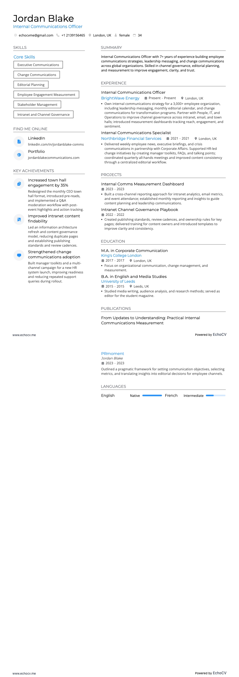 Internal Communications Officer example resume
