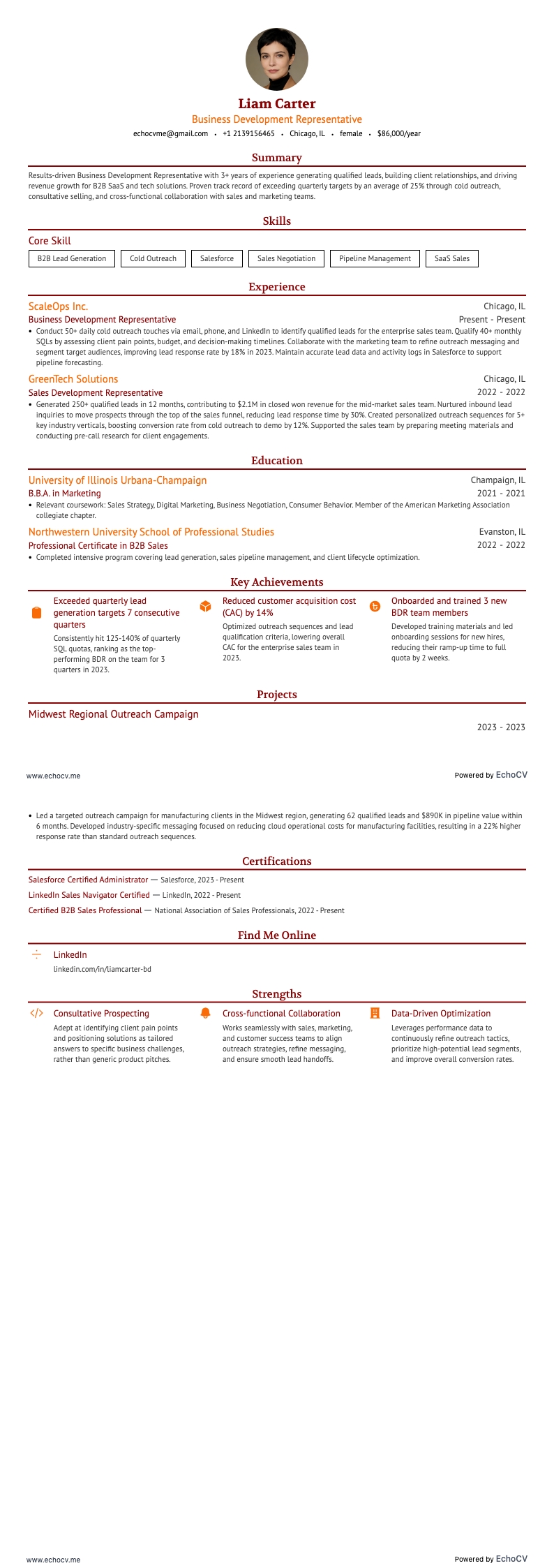 Business Development Representative example resume