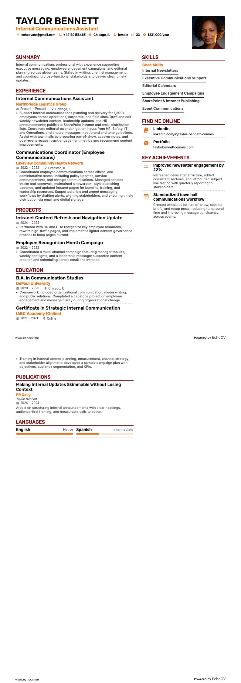 Internal Communications Assistant example resume