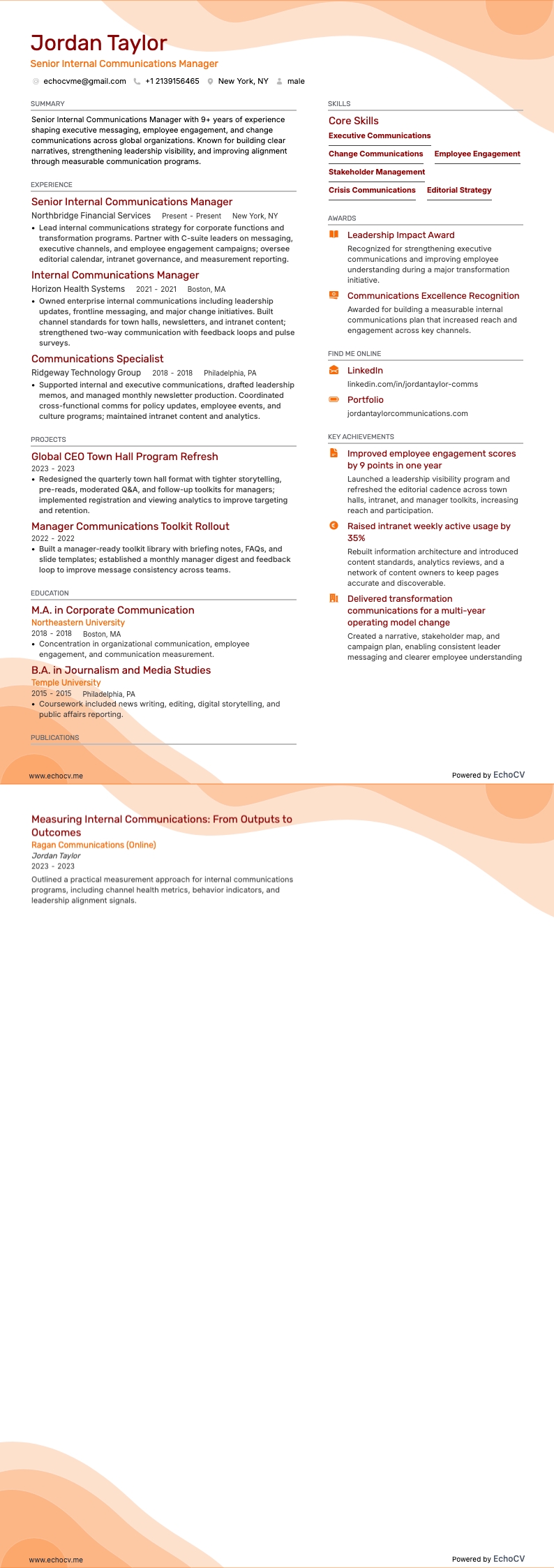 Senior Internal Communications Manager example resume