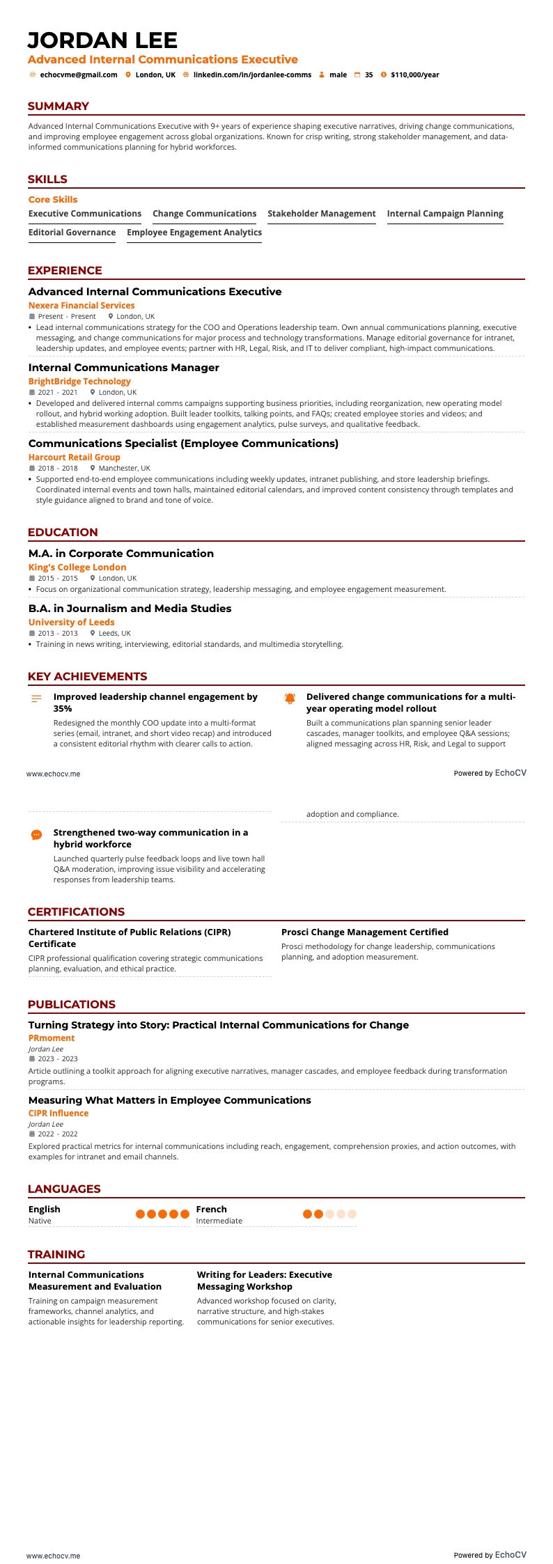 Advanced Internal Communications Executive example resume