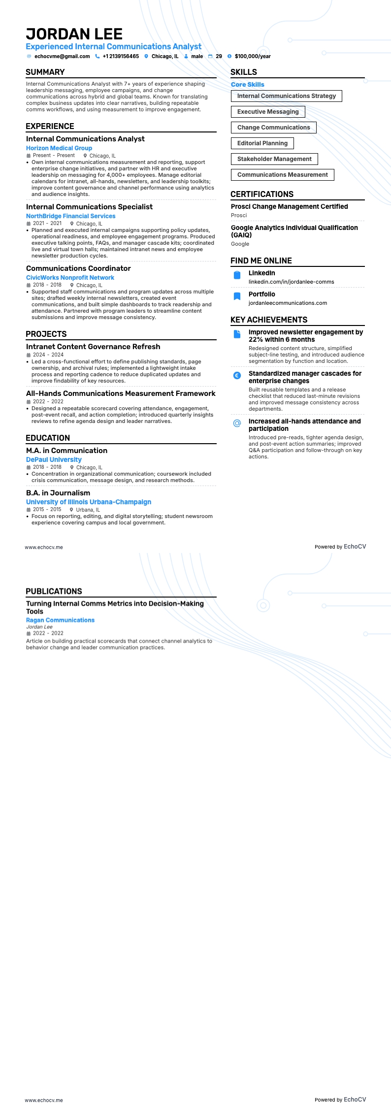 Experienced Internal Communications Analyst example resume